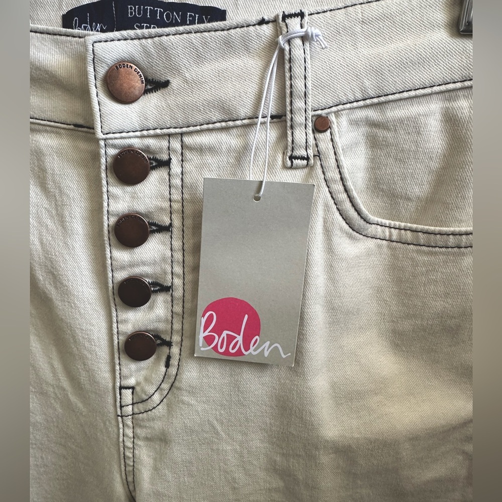 NWT Boden button fly straight leg denim - ecru with navy stitching - 12